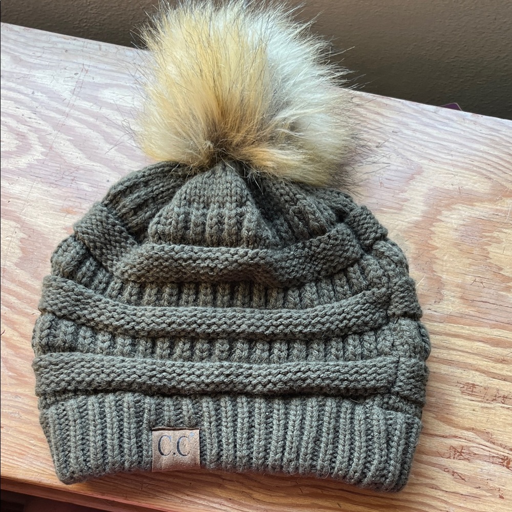 C.C Knit Beanie in‎ Soft Green with Faux Fur Pom